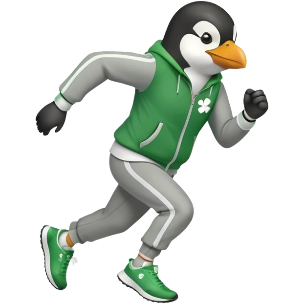 full body friendly anthropomorphised penguin wearing green mafia-style tracksuit, angry, running determined sprint, shamrock accessory, no drink emoji