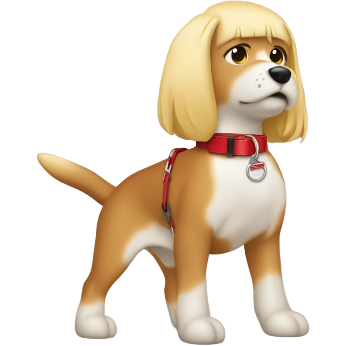 Put a Red leather dog collar on a blond white person who is a female with medium length hair and add a red leash connected to the collar emoji