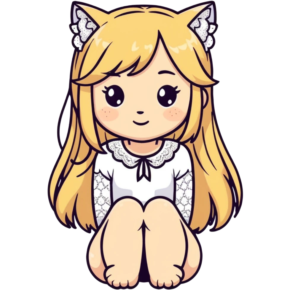 flirty petite blonde catgirl woman long hair freckles shy lace white bare legs emoji