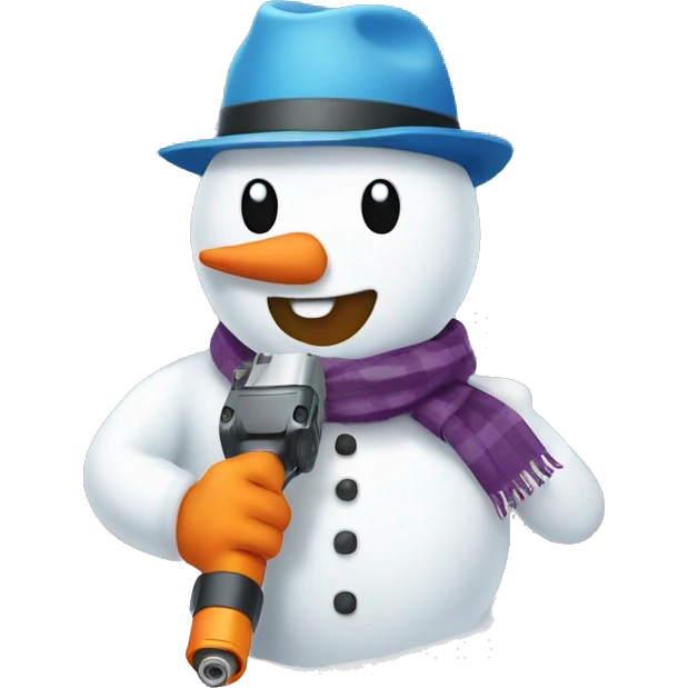 snowman with hat and scarf holding a powertool emoji