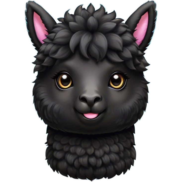 Cinematic Cute Black Alpaca Portrait Emoji, Head tilted playfully and inquisitively, featuring a plush, shiny jet-black fleece with a lustrous sheen, round, sparkling dark eyes filled with curiosity, Simplified yet irresistibly adorable features, highly detailed, glowing with a warm, friendly glow, high shine, affectionate and gentle, stylized with a touch of whimsy, bright and endearing, soft glowing outline, capturing the essence of a mischievous yet loving alpaca, so playful it feels like it could prance out of the screen and into your arms! emoji