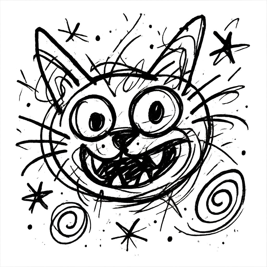 chaotic outlined icon of a funny cat face emoji