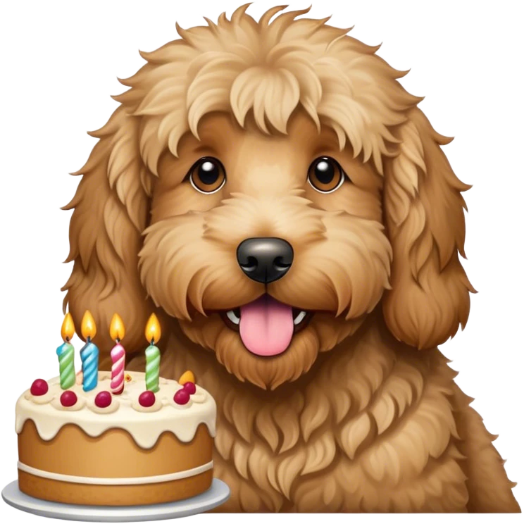 Shaggy large tan Goldendoodle eating birthday cake  emoji