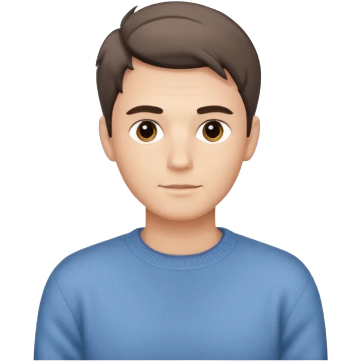 Мужчина с мягкими чертами лица, аккуратная причёска, нейтральная поза, свитер или рубашка спокойного оттенка, образ надёжный и располагающий. emoji