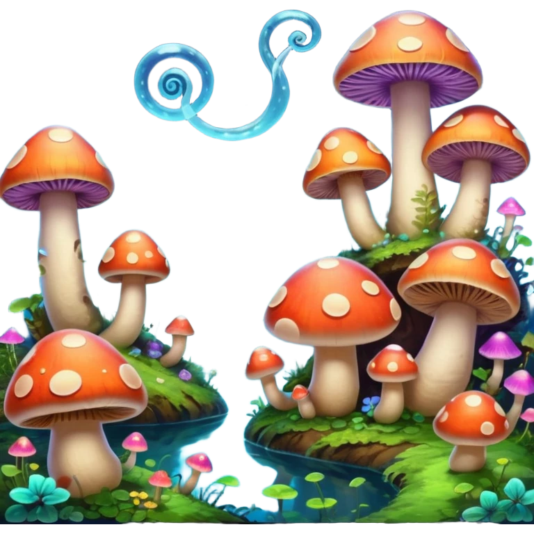  "A whimsical mushroom world filled with giant glowing mushrooms, soft bioluminescent spores floating through the air, and friendly oversized snails with colorful spiral shells exploring the landscape. Fantasy atmosphere, vibrant colors, dreamy lighting, highly detailed emoji