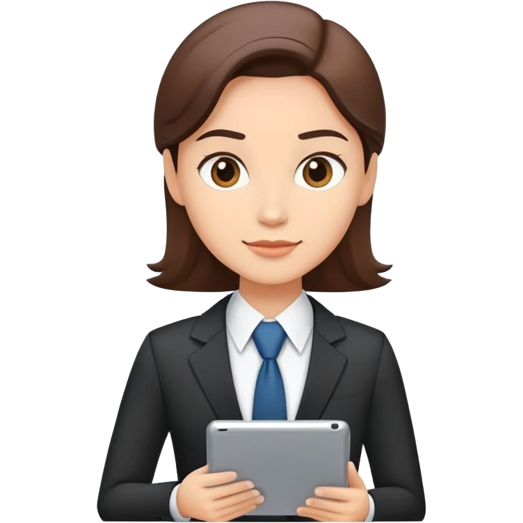 A flat-style illustration of a business executive confidently, holding a digital tablet or folder. The character wears smart business attire, clean cartoon style, white background, iOS emoji aesthetic. emoji