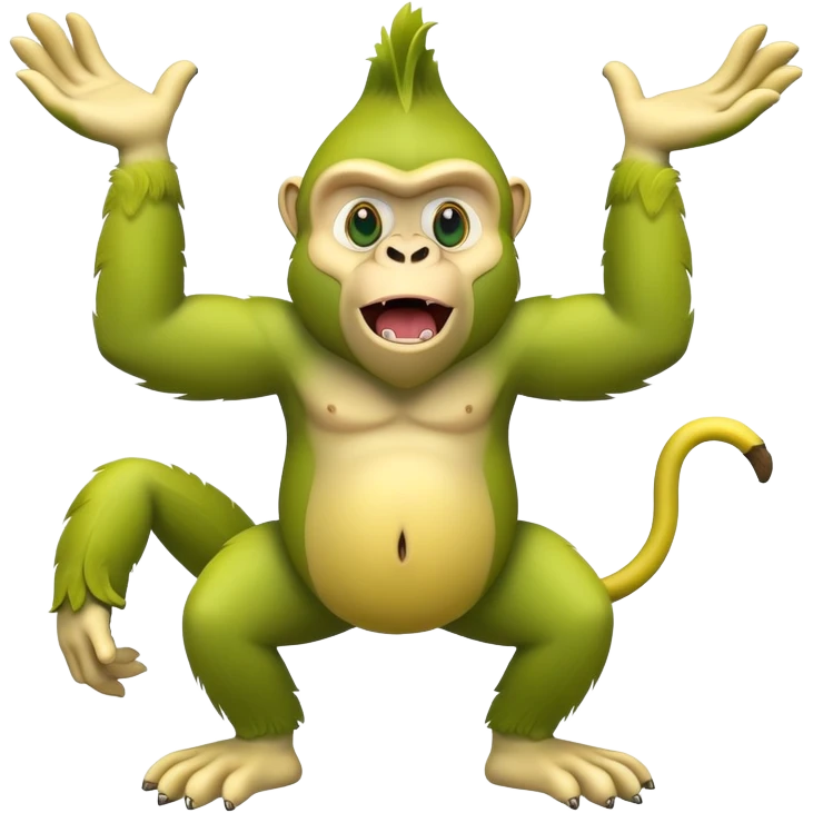 A yellow banana with arms and legs and a green gorilla head with expressive eyes emoji