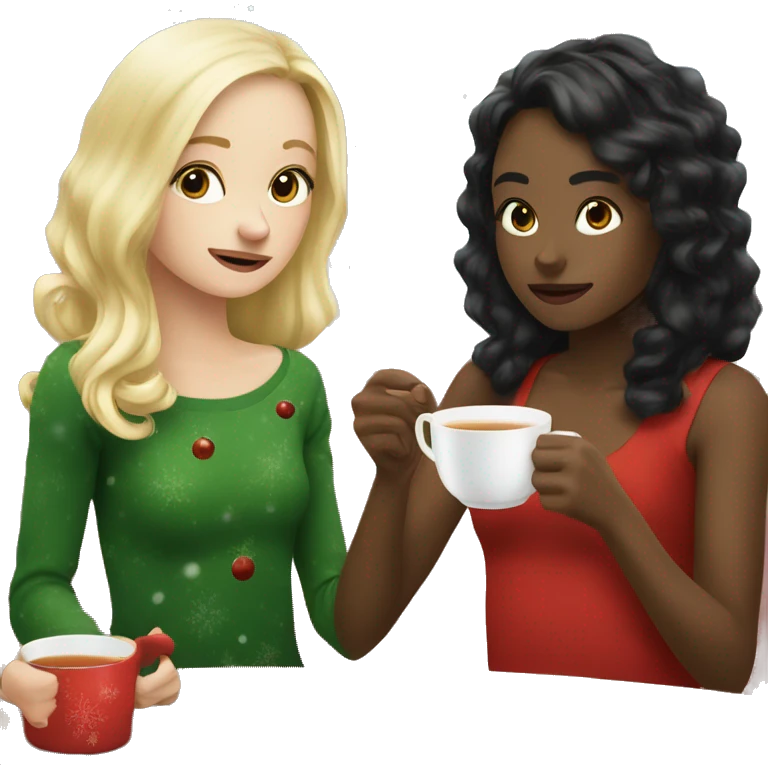 Blonde girl and black hair girl drinking tea at christmas emoji