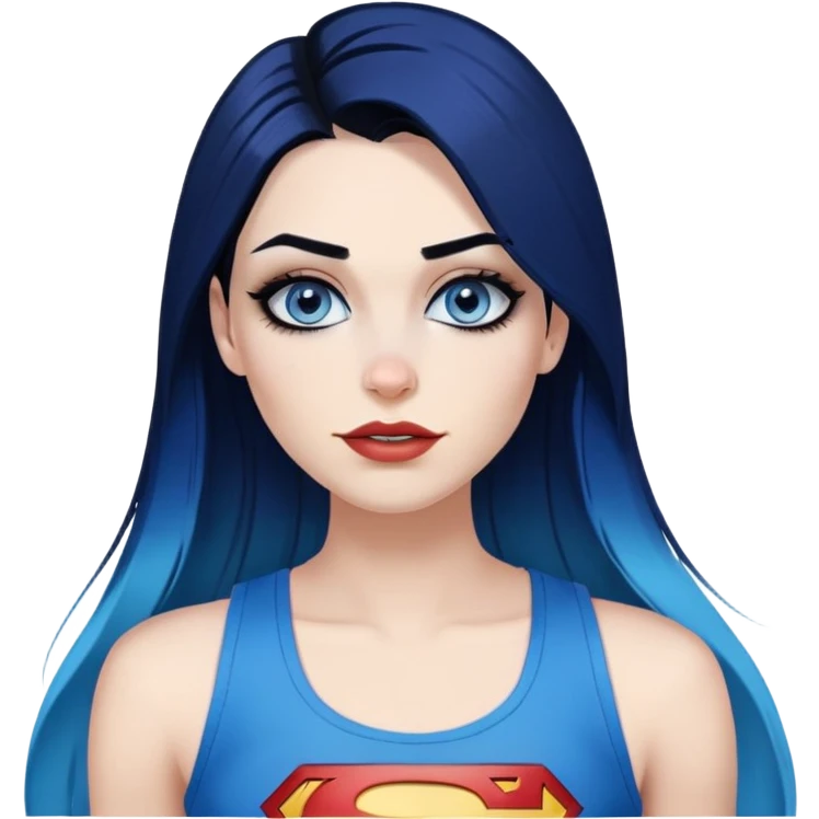 Teeth-showing-beautiful-long-straight-dark-blue-ombre-hair-and-blue-eyes-thick-black-eyeliner-really-thick-really-long-eye-lashes-sky-blue-superman-tank-top-nose-pierced-lip-pierced emoji
