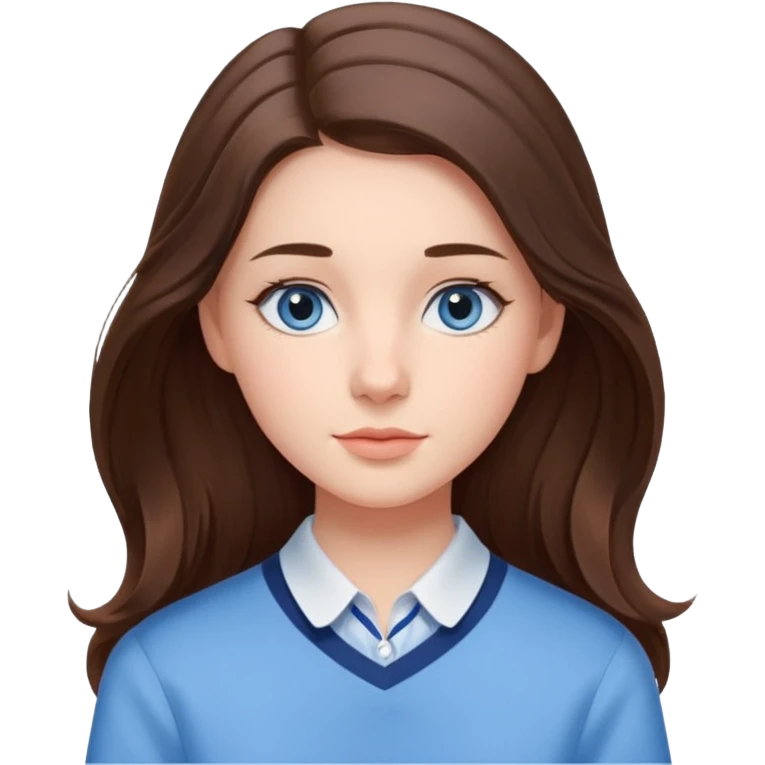 Realistic Student Portrait, with porcelain-like skin featuring a natural rosy flush, iHer Brunette Half-Up Style for Straight  hair flows in soft, Her deep blue eyes radiate warmth and innocence,  wear light blue preppy style. emoji
