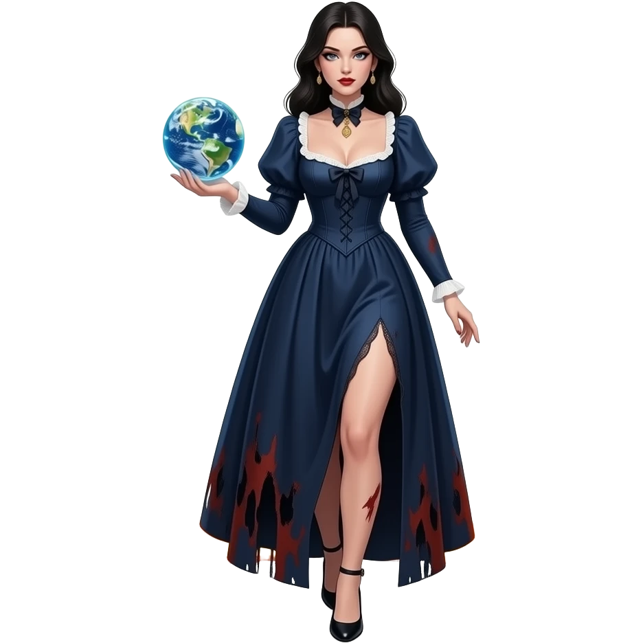 a seductive evil beautiful woman in a long dark blue dirty Victorian dress with a deep neckline carries in her palm a small planet Earth that radiates and steps out of a circle of fire emoji