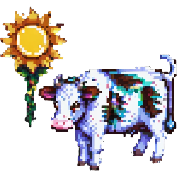 pixel art hybrid where a staircase, a sun, and a cow are fused together, with the sun shining from behind the cow and steps blending into its body emoji