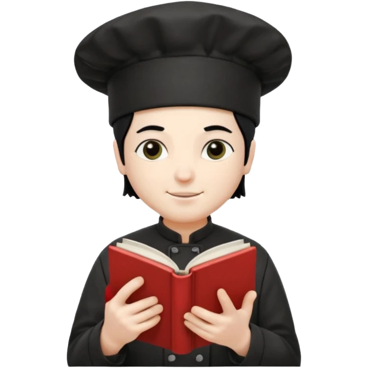 ["A happy man with pale skin, straight hair, wearing a chef hat and no glasses, dressed in goth fashion, is reading a book while holding a camera."] emoji