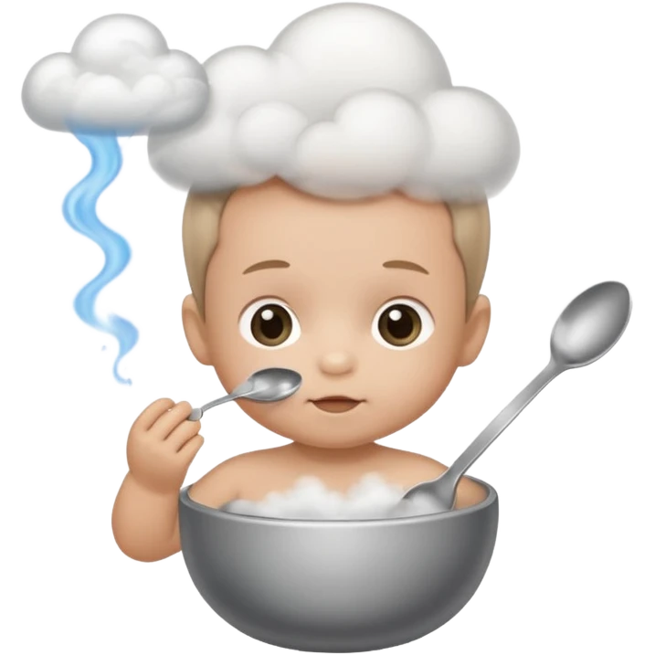 Baby with a spoon in one hand and lighter in the other with smoke (not fire) coming off the spoon.  emoji