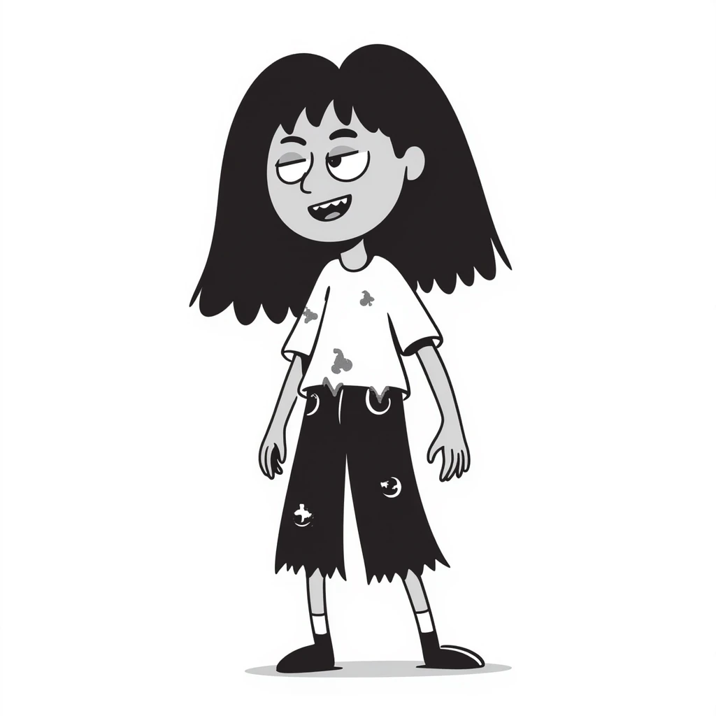 girl zombie with black long hair with teeth and serious face emoji