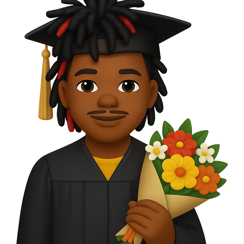 Create a male African American graduate emoji based on the reference photo with his hairstyle and features, wearing a graduation cap and gown, holding a bouquet of flowers. Remove the background. emoji