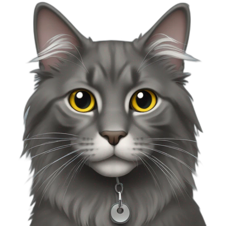 charcoal colored long haired cat with airtag collar emoji