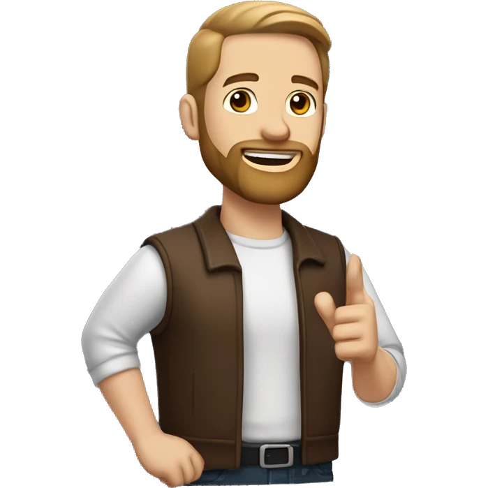 White man with beard, without mustache, hair color brown, hairstyle - straight hair combed to the right, black and red background, half-side body pose, finger up gesture emoji