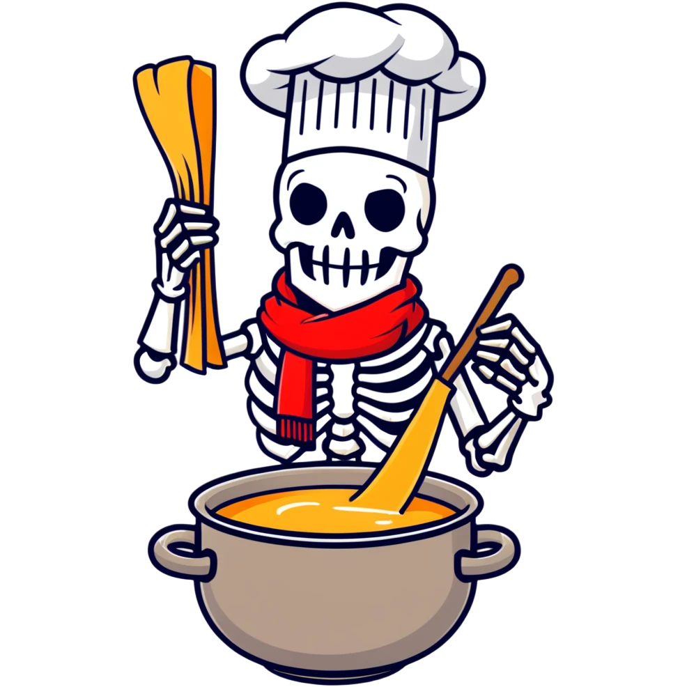 Papyrus from Undertale cooking spaghetti, tall skeleton with red scarf and white armor, enthusiastically stirring pasta in a pot, chef hat emoji