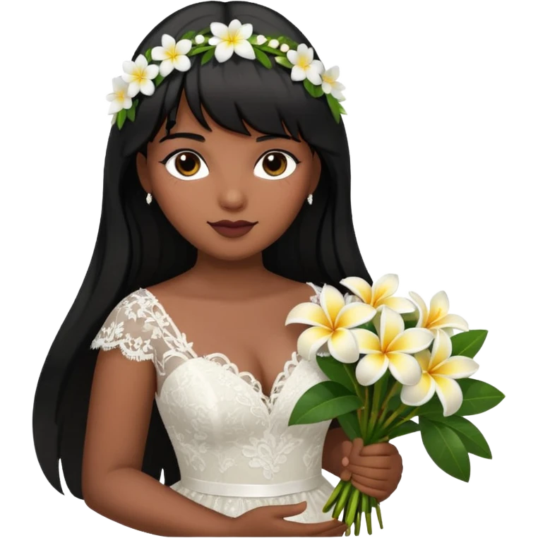 Latina girl with bangs black long hair plus size lace wedding dress with plumeria bouquet emoji