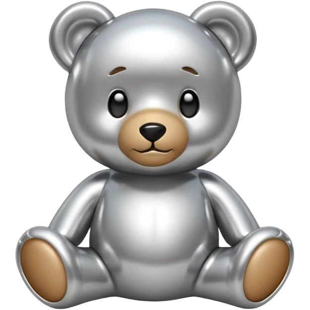 A cute teddy bear emoji made of liquid silver chrome, smooth rounded body, glossy metallic surface, soft reflections, friendly proportions, iOS emoji style, centered, clean white background emoji