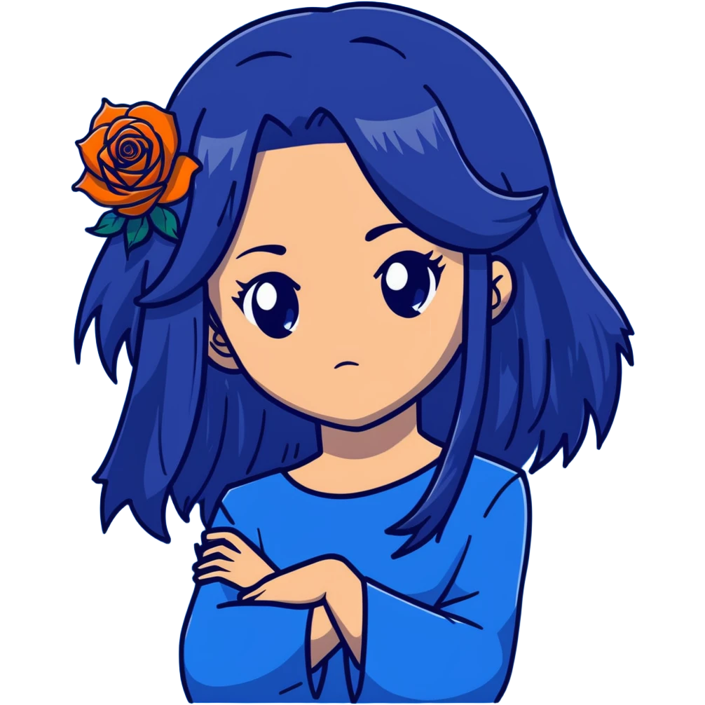 head portrait of anime girl with long dark blue hair, blue rose in hair, intense glaring blue eyes, dramatic JoJo's Bizarre Adventure style expression, sharp angular features, extreme close-up, dynamic pose emoji
