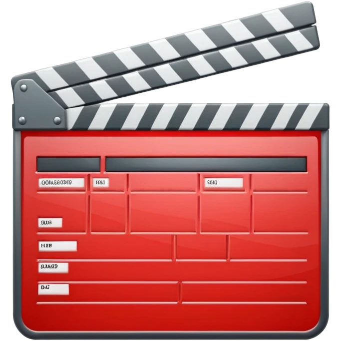 Glossy bright red clapperboard in the classic style of Apple icons: the top bar is tilted up-left, the body and bar with a deep glossy glare, dark gray edging, black background inside, perfectly square with rounded corners. emoji