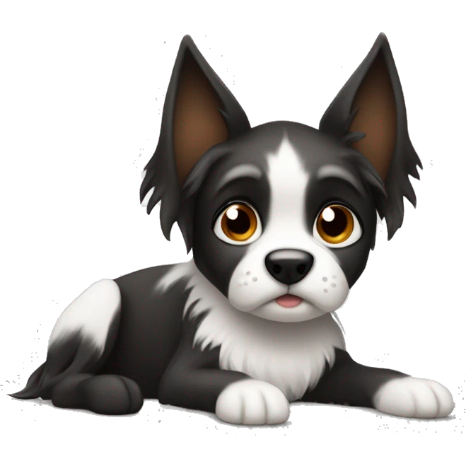 Black and white dog with Brown eyes and long fur, pointy ears laying on his paws and gazing into viewer emoji