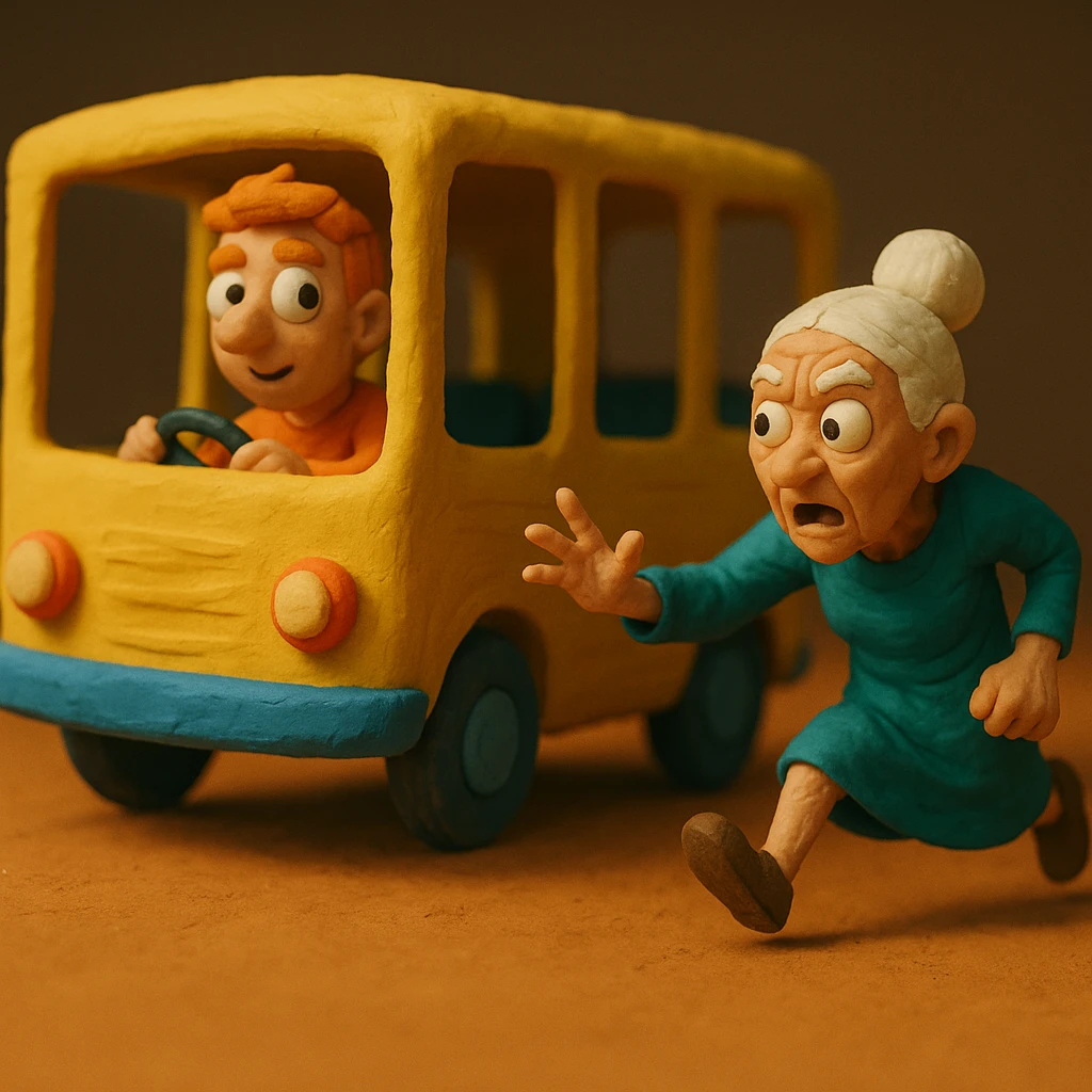 old lady should run to reach the bus, the driver is man under 30 with orange hair emoji