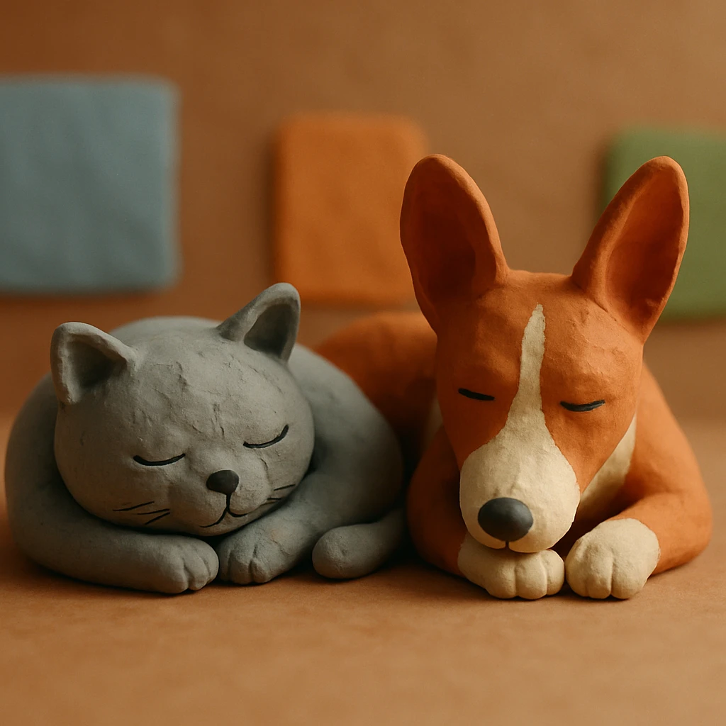 A gray British Shorthair cat curled up and sleeping next to a red Basenji dog emoji