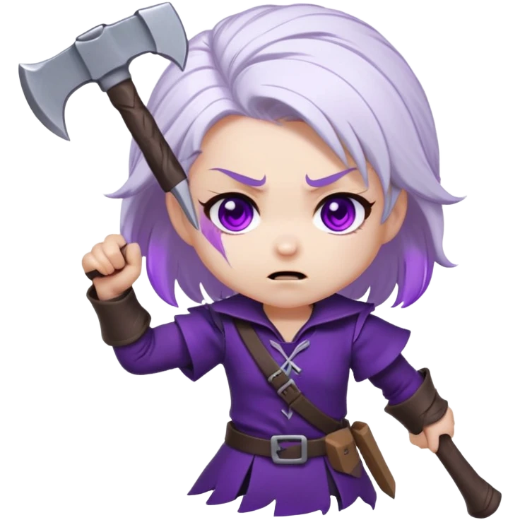 Chibi Sable Ward being hit on the head with a small axe, caught in the act look, white hair with purple streaks, fully purple eyes, dizzy expression emoji