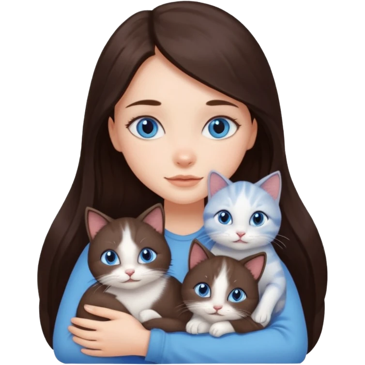a pretty girl with long dark 
brown hair, with blue eyes, hugs 3 different natural coloured small cats emoji