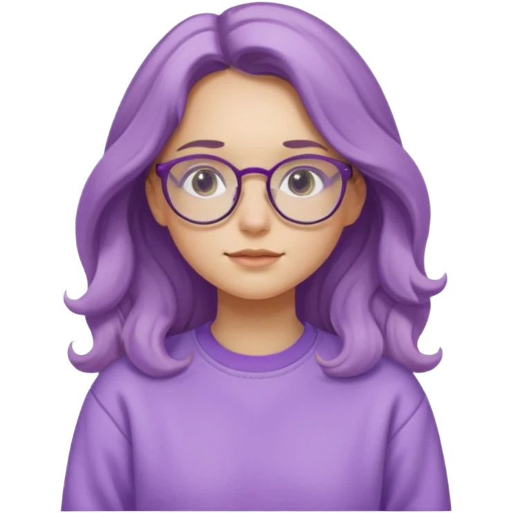 Chica de pelo largo y ondulado, con gafas redondas y expresión suave; viste una sudadera lila y transmite un estilo tranquilo y relajado. emoji