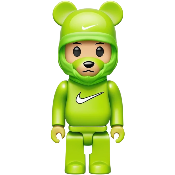bearbrick toy wearing a lime green balaclava with a Nike swoosh logo emoji