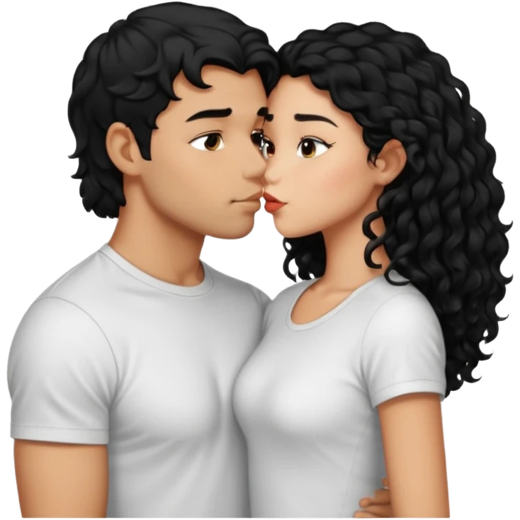 a strong man with short straight black hair kissing a shorter girl with long black curly hair emoji