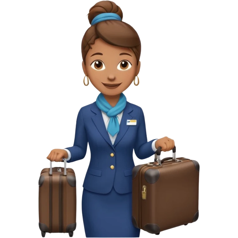 flight attendant, Light Brown skin, brown hair in single bun, neck scarf, suitcase emoji