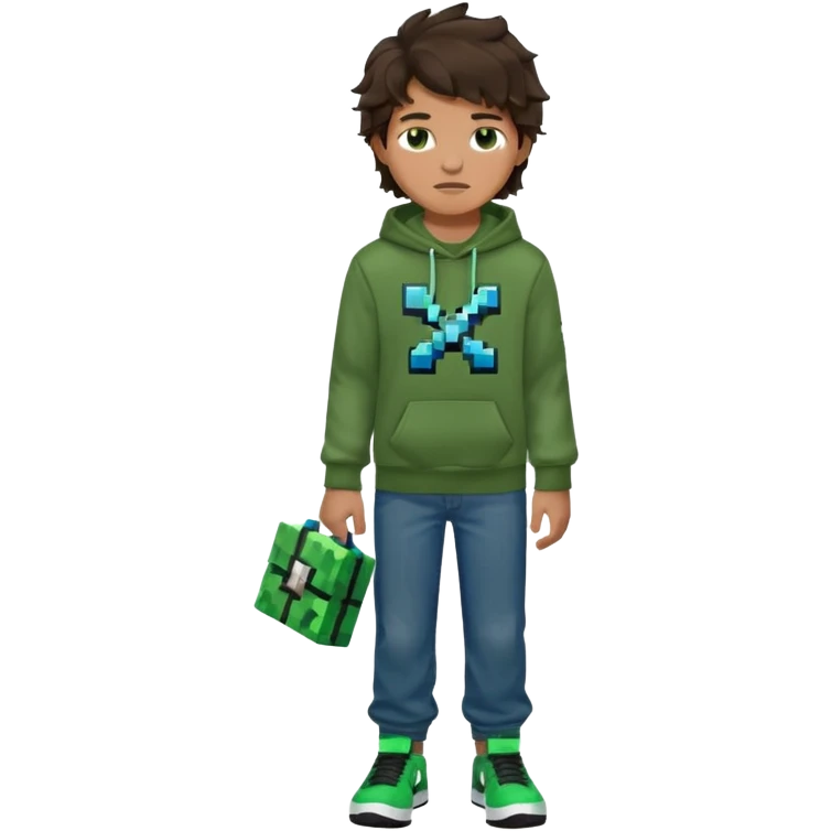 a 14 year old slightly tanned teenage boy with dark brown tousled wavy hair, dark brown eyes wearing a green tshirt, a dark green minecraft hoodie, blue jeans and green nike air jordans emoji