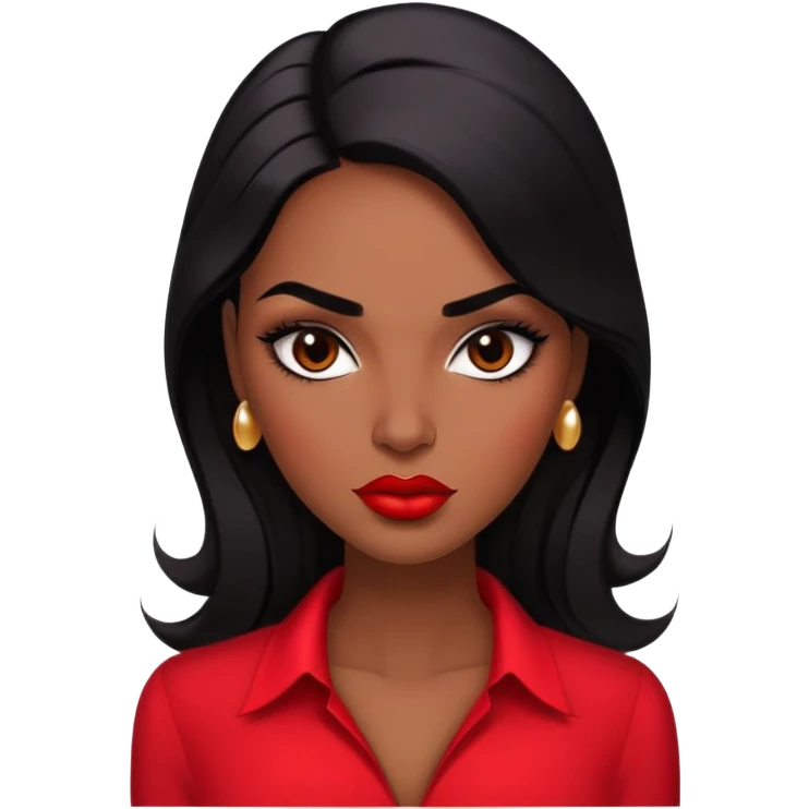 Glamorous woman with deep brown skin, defined features, expressive dark eyes, thick eyebrows, full lips with red lipstick, sleek black hair, wearing a red blouse emoji