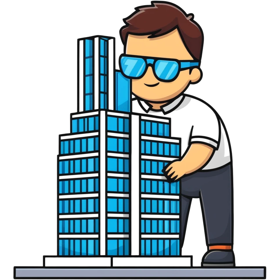 man building a model of a skyscraper wearing transparent safety glasses emoji