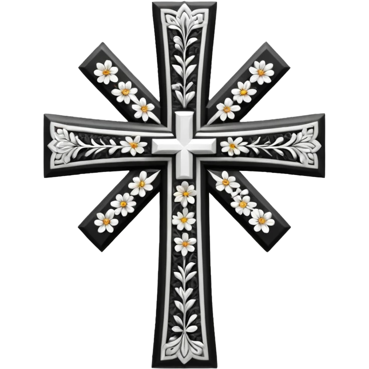 a black and white detailed cross with flowers over lapping emoji