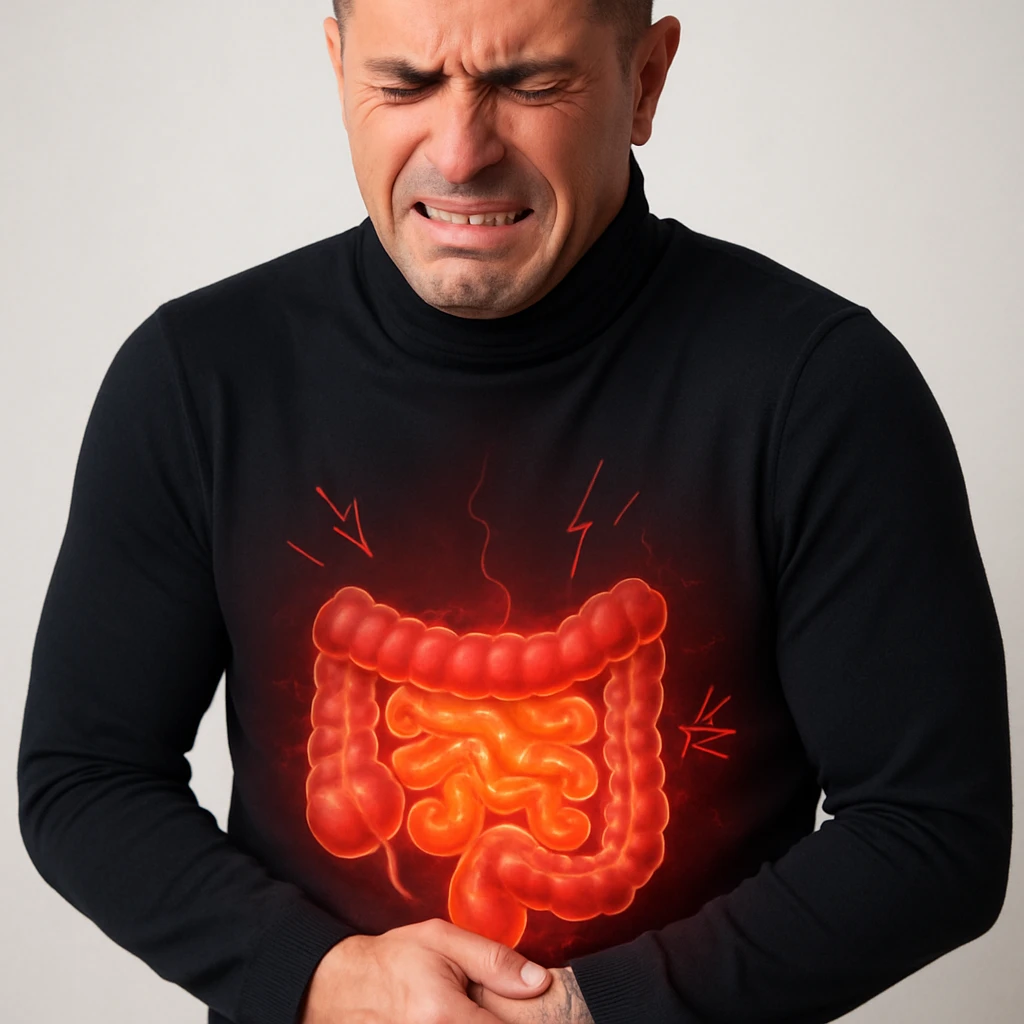 Realistic style image of a man with an expression of pain and discomfort, focus on the abdomen. Highlight the inflamed and painful intestine with visual effects such as redness, glow, and inflammation symbols. Neutral background. emoji