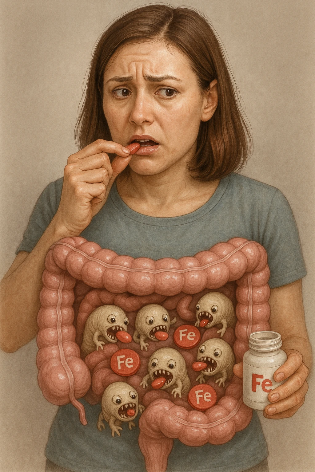 donna con parassiti intestinali che prende integratore di ferro, ma lo mangiano i suoi parassiti. Immagini realistiche emoji