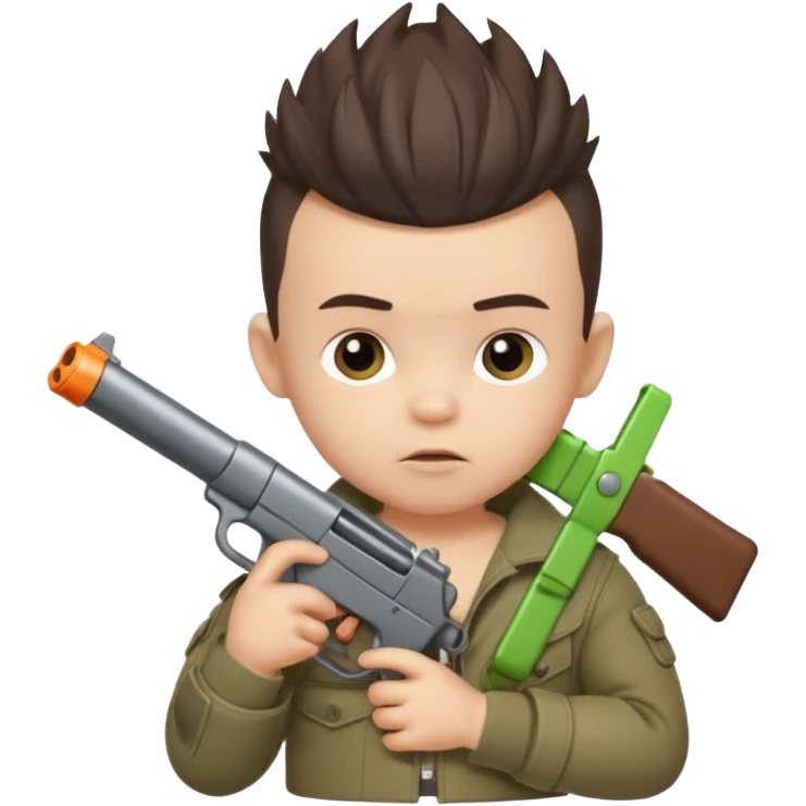 Brunette male newborn baby with Mohawk hair and gun emoji