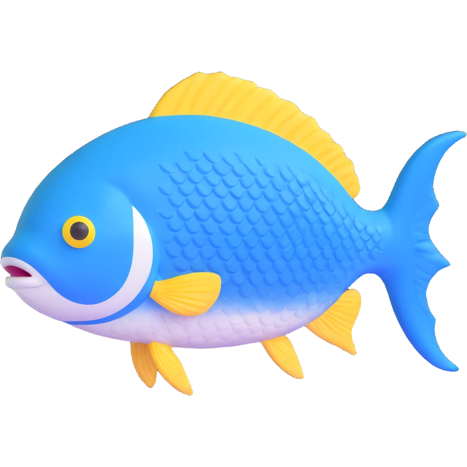friendly blue fish with textured scales, looking forward, white cap with Pescadería Buenos Aires logo emoji
