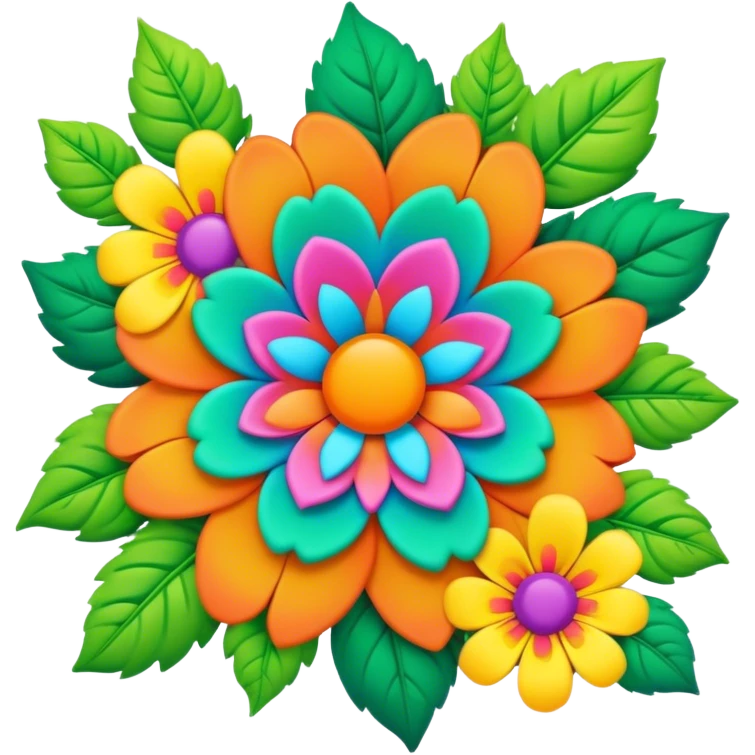 3D, psychedelic colored hippie style flower border with leaves emoji