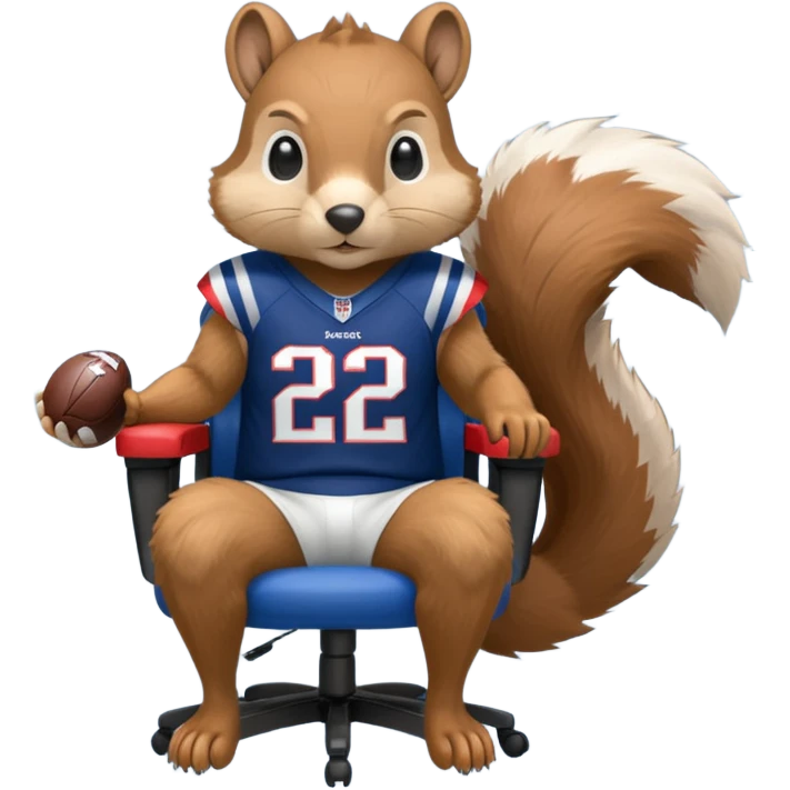 gaming chair with a squirrel sitting on it wearing patriots jersy emoji