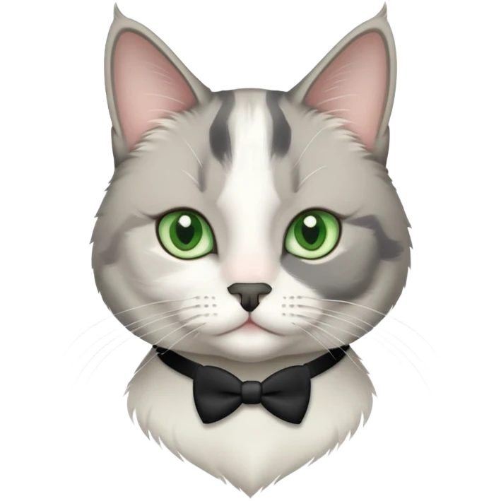 Gray and white  tuxedo cat medium hair with a a black nose and green eyes emoji