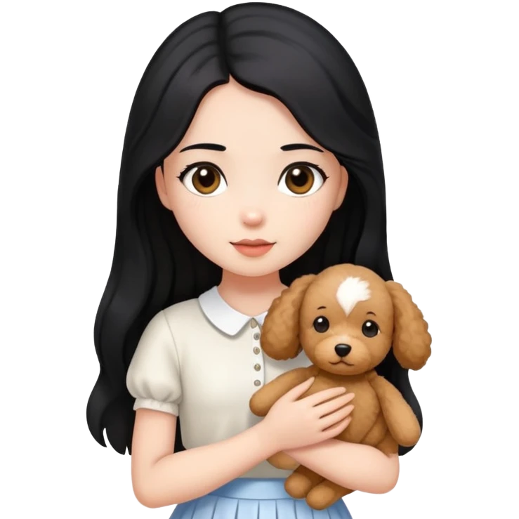 beautiful girl with long straight black hair wearing a white skirt holding a small brown curly teddy dog emoji