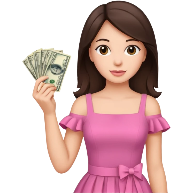 brunet Woman with pink dress holding dolar emoji