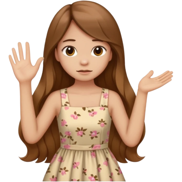fake costumer loyalty, girl that doesn't care, she is like whatever, brown long hair, cute dres and her hand showing like i dont care whateve emoji